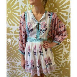 Oliphant Tie Front Balloon Sleeve Dress Pink Teal White Boho Block Print Floral